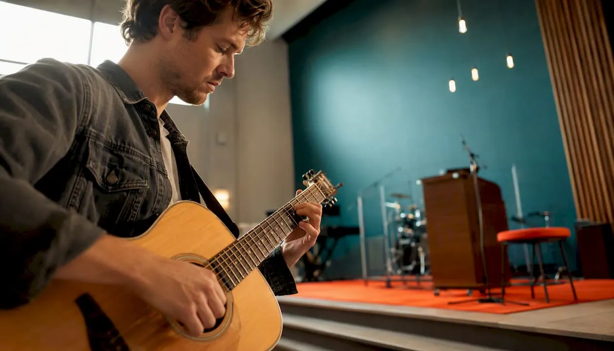 Beginnende gitarist is aan het oefenen in de kerkzaal