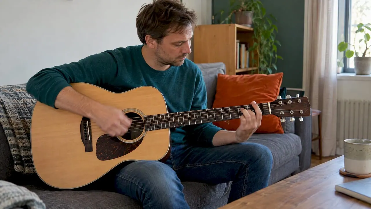 Beginnende gitarist oefent akkoordwissels op een akoestische gitaar