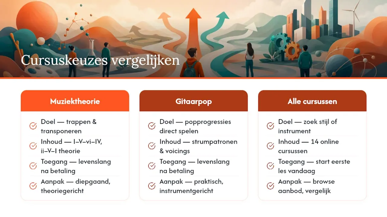 Overzicht van de vervolgstappen om akkoordprogressies te leren spelen