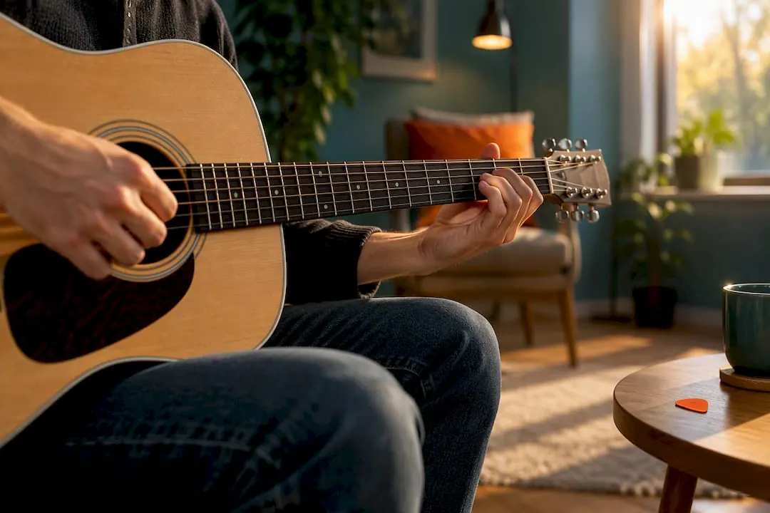 Beginner speelt een akkoord op een akoestische gitaar