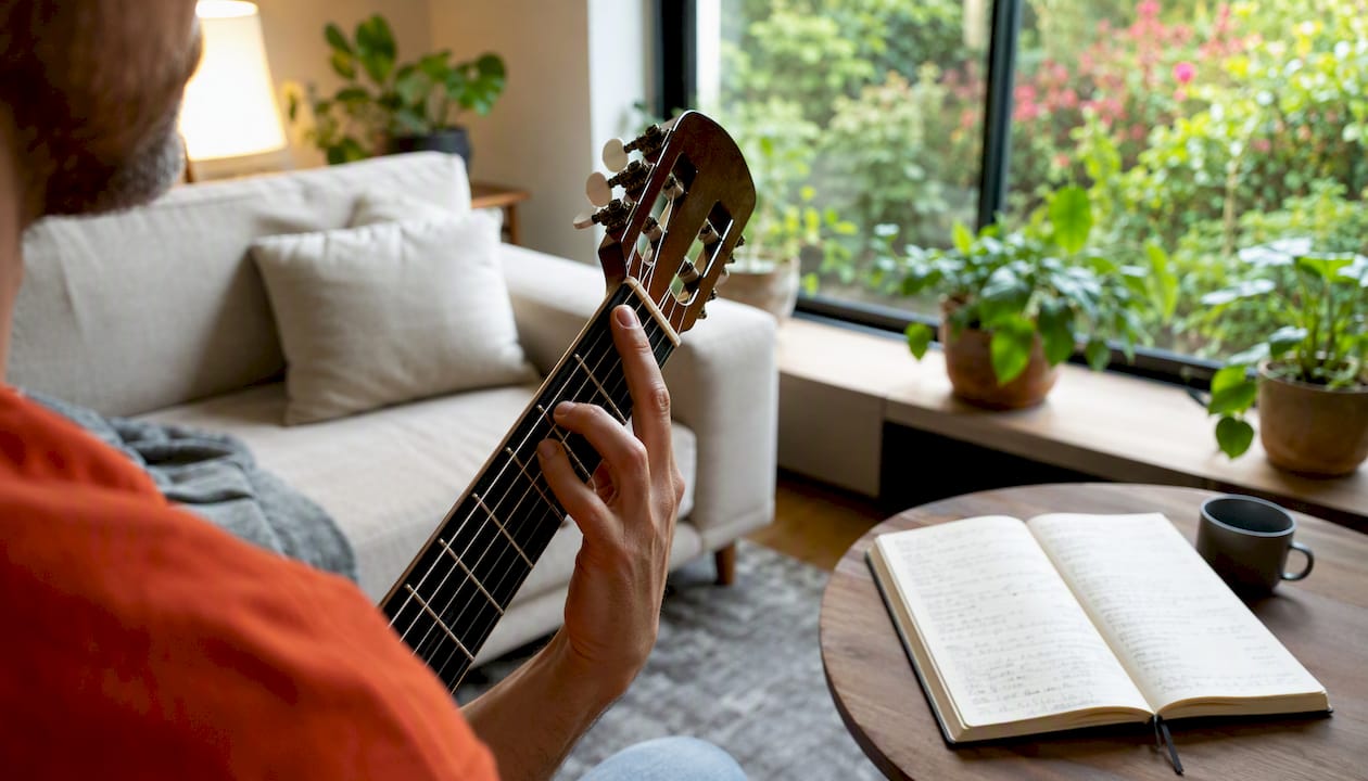 Detailfoto van de linkerhand die een barré-akkoord op de gitaar speelt