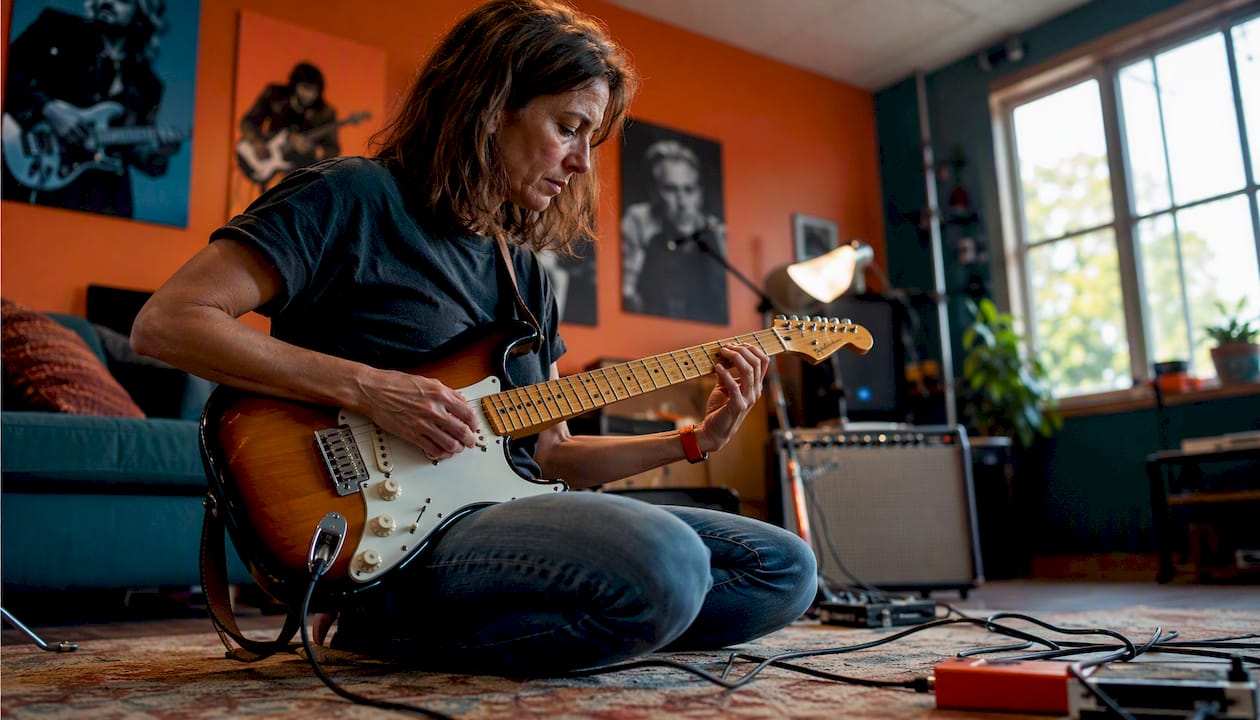 Oefenen met de handpositie voor barré-akkoorden op gitaar vanuit het zijaanzicht