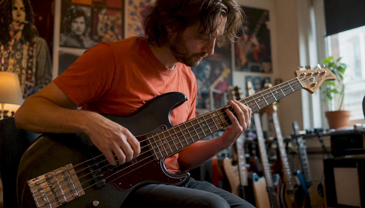 Detailopname van handen op een basgitaar en een drumstel