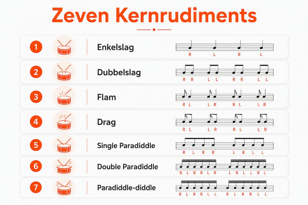 Infographic met een duidelijk overzicht van de zeven belangrijkste rudiments
