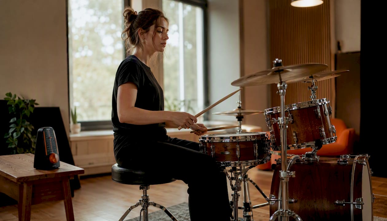 Een vrouw oefent drumtechnieken op een elektronisch drumstel in haar woonkamer.