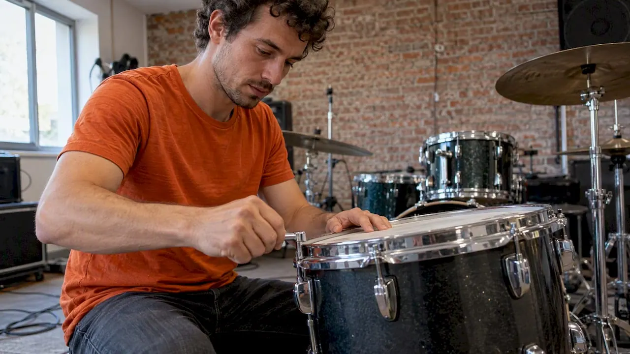 Een drummer stemt het vel van een tom met een stemsleutel