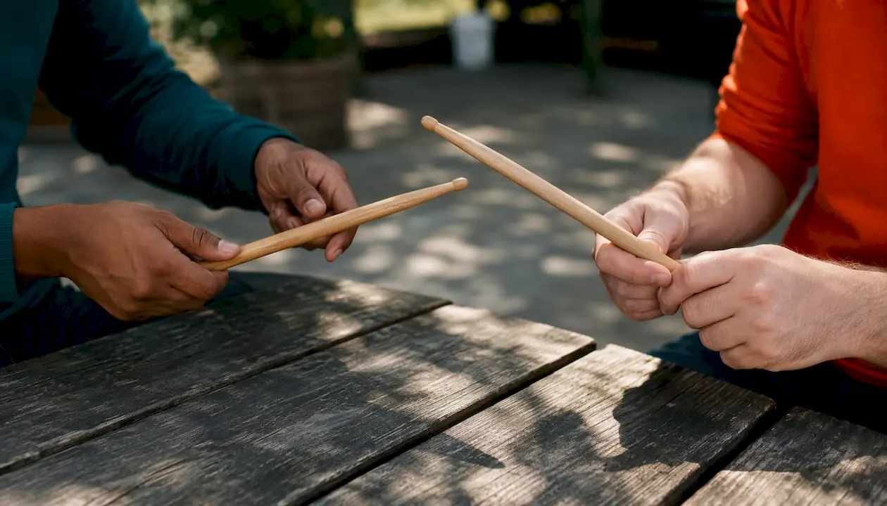 Close-up van het verschil tussen de traditionele en de matched drumstokgreep