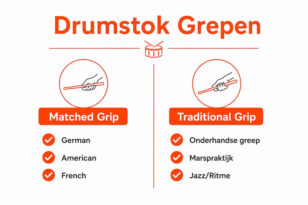 Infographic: de verschillen tussen de matched grip en de traditionele drumstickgreep op een rij