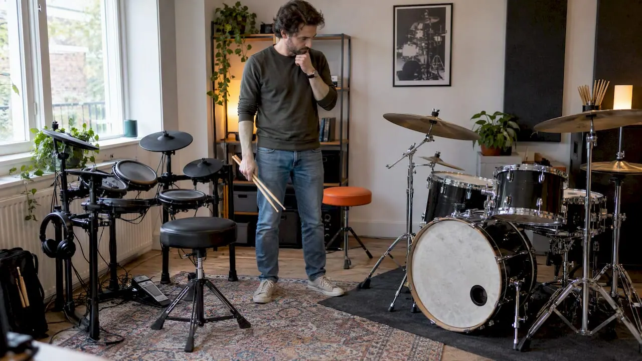 Een drummer staat tussen een elektronisch en een akoestisch drumstel en twijfelt welke hij kiest