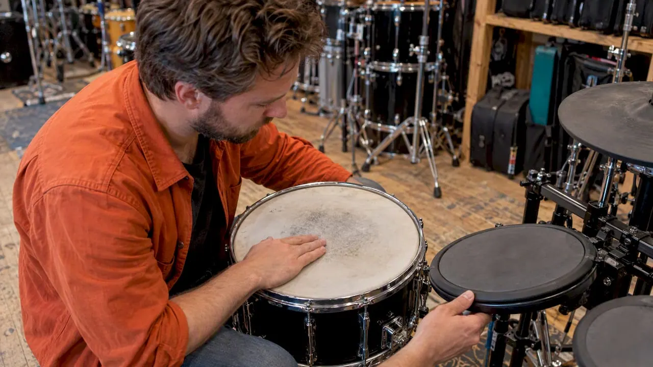 Een koper vergelijkt een akoestische snaredrum met een elektronische pad in een muziekwinkel