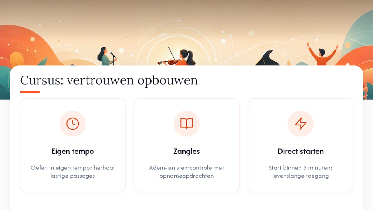 Drie manieren waarop een online cursus zelfvertrouwen opbouwt: eigen tempo, zangles met opnameopdrachten en direct starten