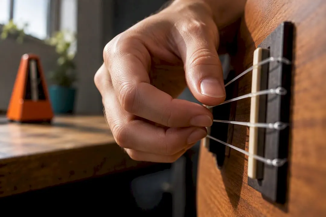 Vinger plukt een snaar vlak bij de brug van een ukelele