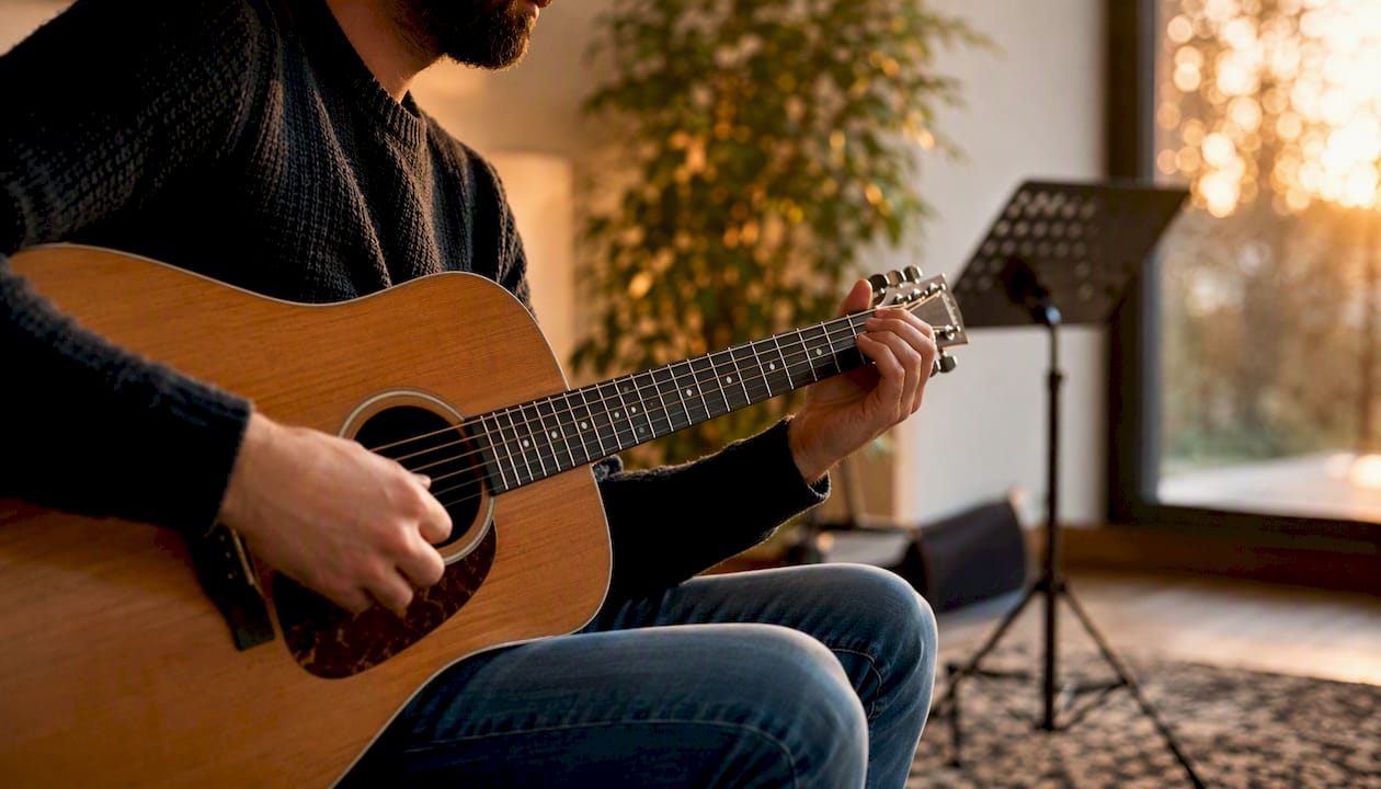 Een close-up van vingers die akkoorden grijpen op de gitaar.