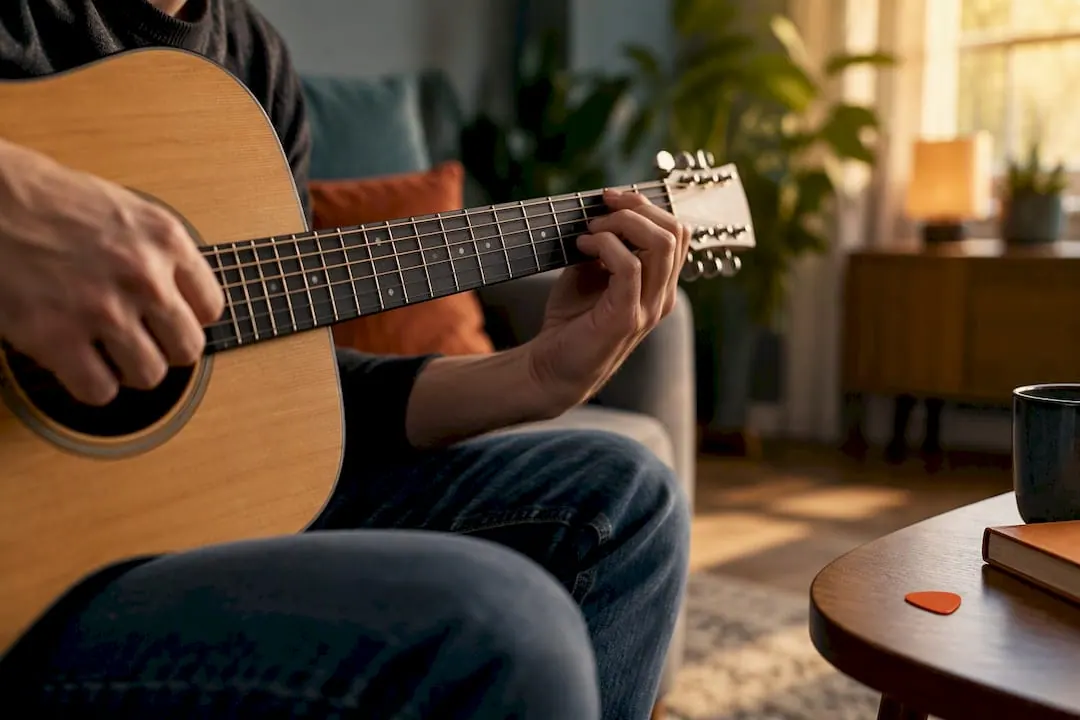 Beginner speelt voor het eerst een liedje op gitaar