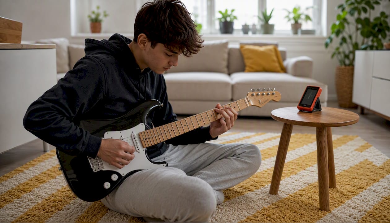Tiener die zijn vingers losmaakt op de hals van zijn gitaar