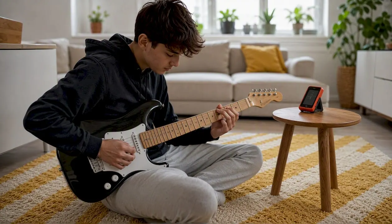 Tiener die zijn vingers losmaakt op de hals van zijn gitaar