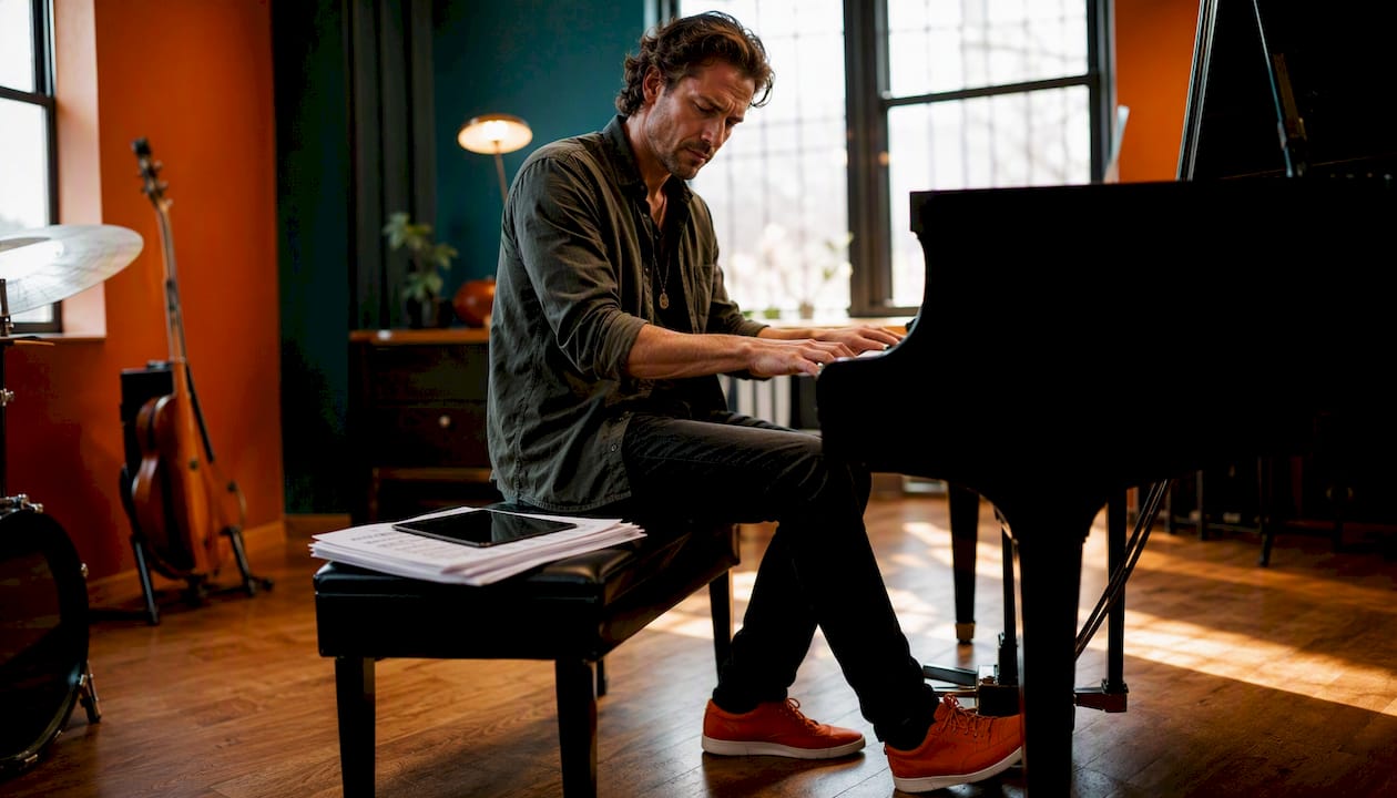 Elke dag zit een man achter de piano in zijn studio om jazz te oefenen.