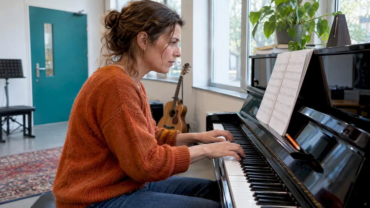 Een muzikant speelt piano vanaf een lead sheet op de lessenaar