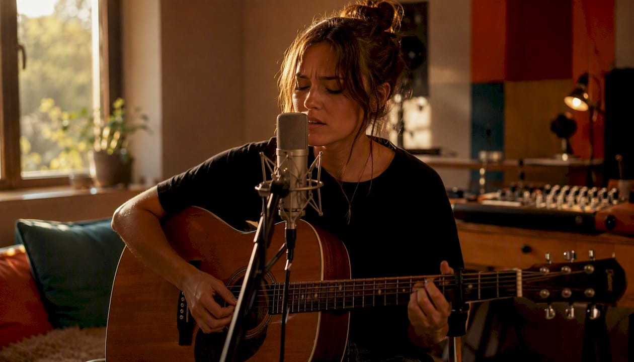 Singer-songwriter neemt een demo op van een nieuw nummer, begeleid door gitaar.