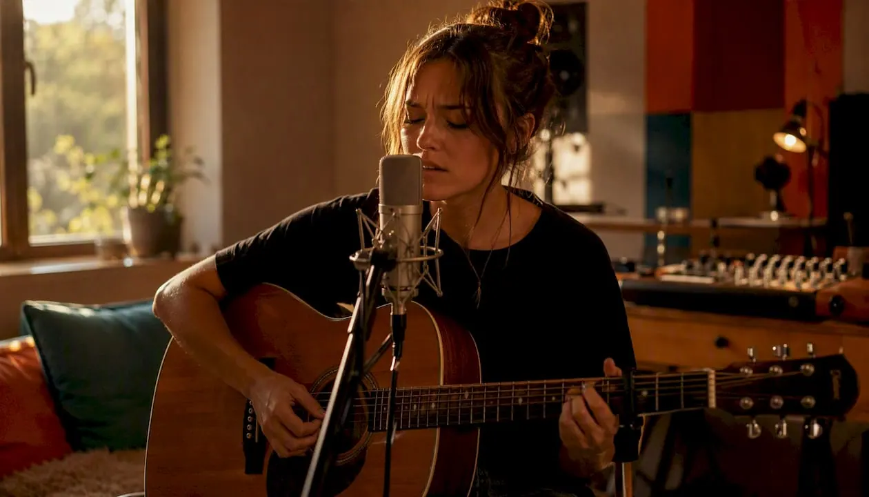 Singer-songwriter neemt een demo op van een nieuw nummer, begeleid door gitaar.