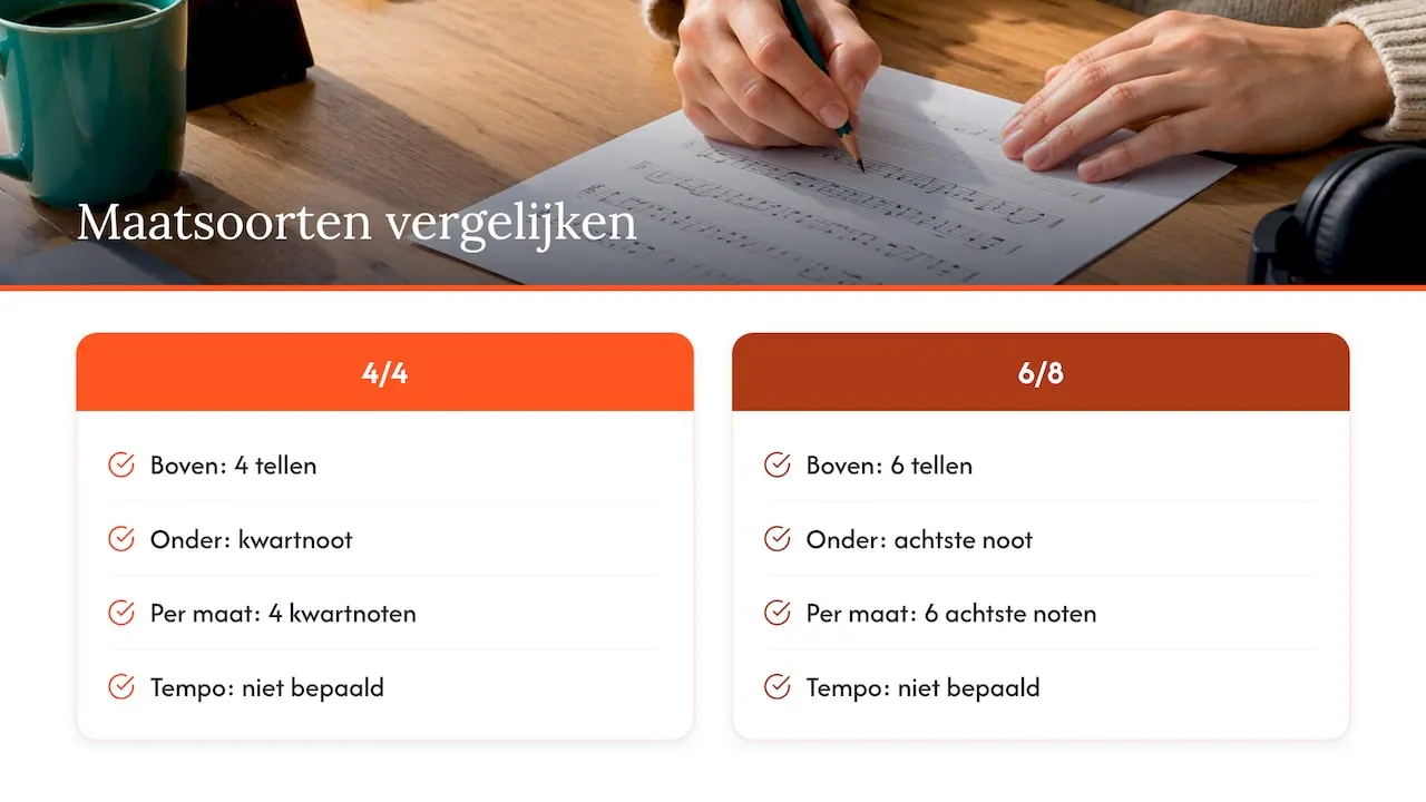 Vergelijking van 4/4 en 6/8: vier kwartnoten tegenover zes achtste noten per maat, het tempo ligt bij geen van beide vast