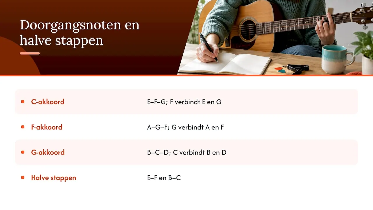 Overzicht doorgangsnoten: E-F-G boven C, A-G-F boven F, B-C-D boven G; halve stappen liggen tussen E-F en B-C