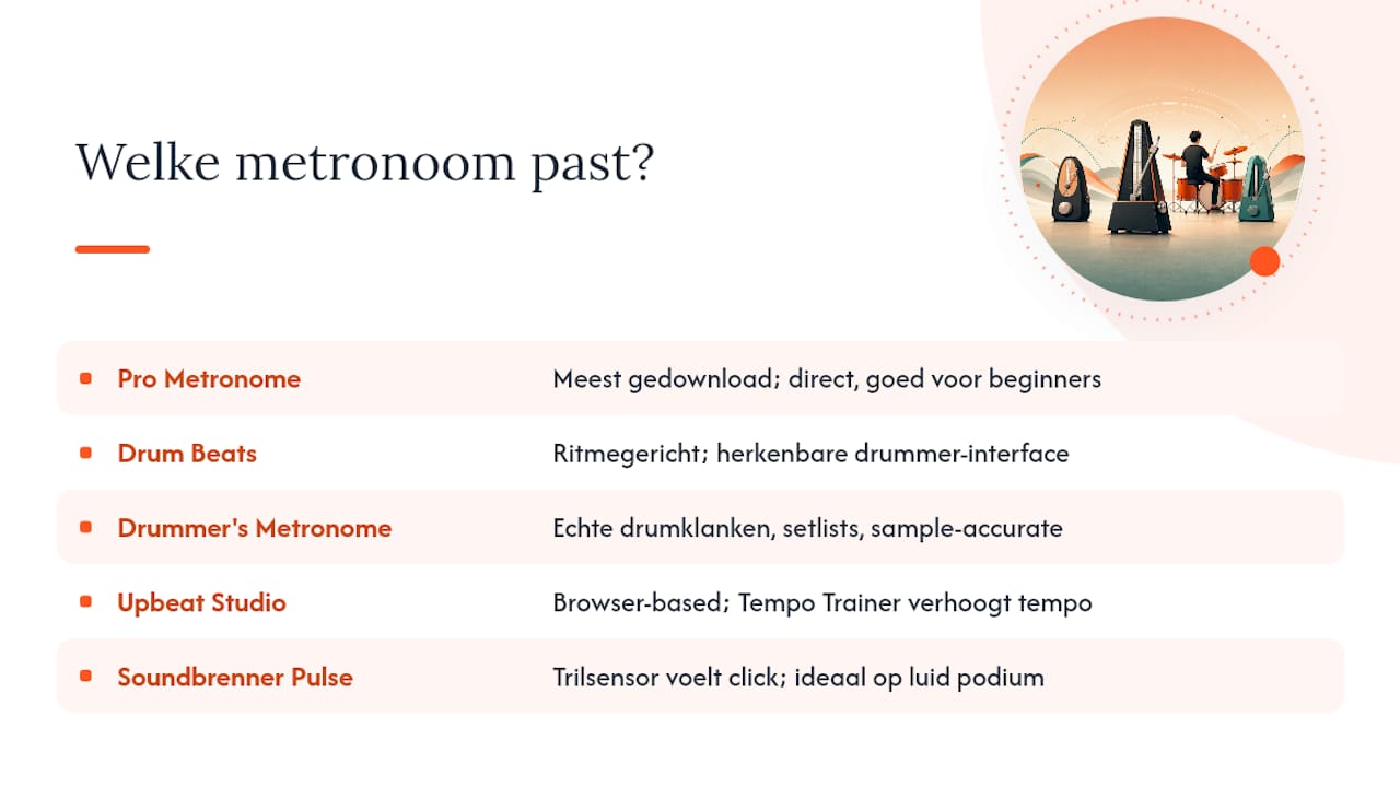 Overzicht van metronoom-apps voor drummers, van Pro Metronome tot Soundbrenner Pulse