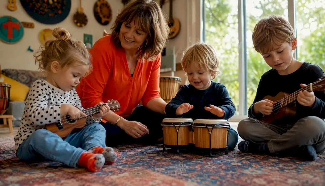 Een groep kinderen volgt muziekles bij hun docent in het lokaal.