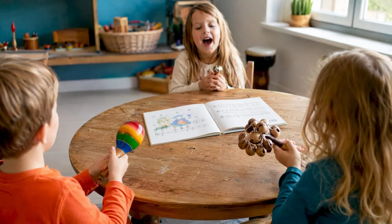 Van dichtbij zie je kinderen enthousiast spelen met een tamboerijn en klankstaven.
