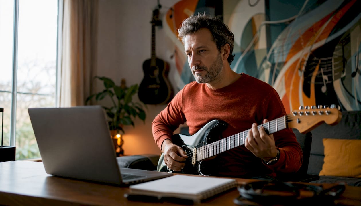 Man volgt online gitaarles op zijn elektrische gitaar