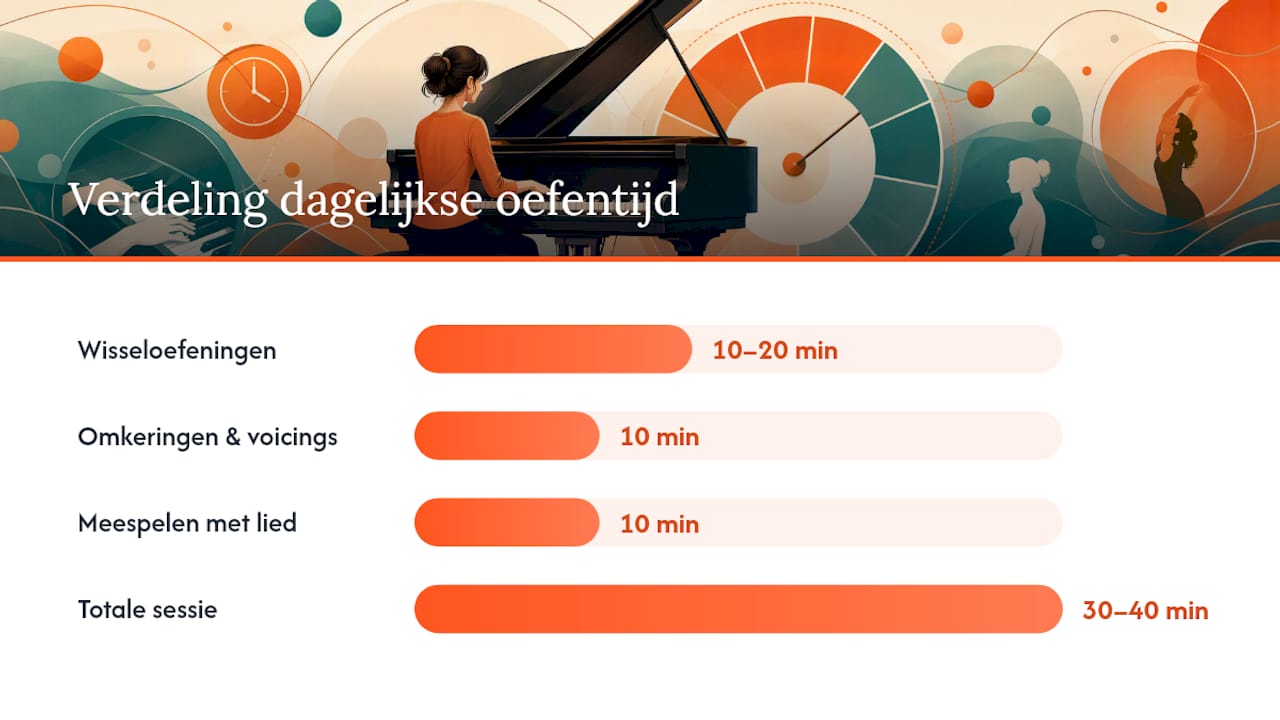 Verdeling van de dagelijkse oefentijd over wisseloefeningen, omkeringen en meespelen met een lied