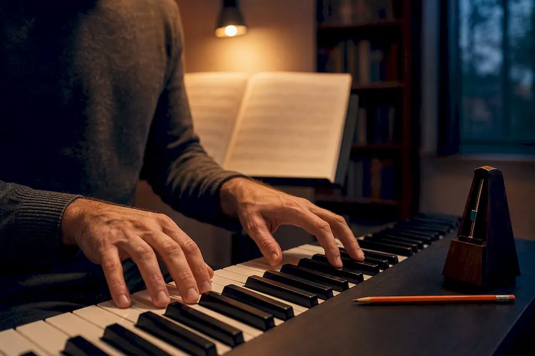 Hand speelt een akkoord op de piano tijdens het oefenen