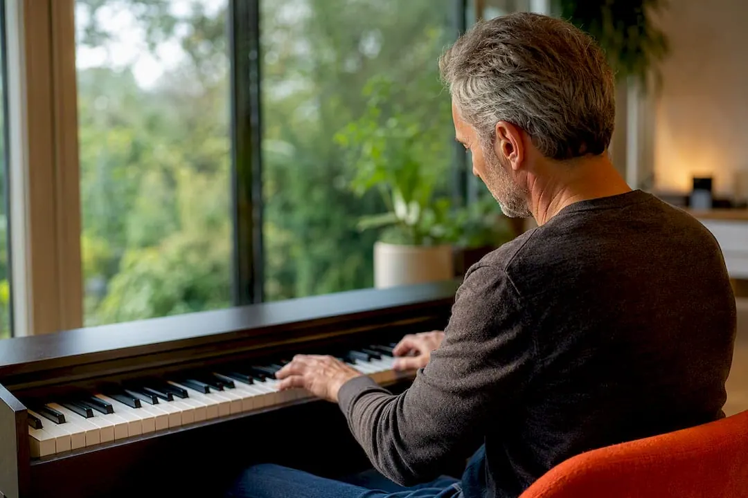 Volwassene speelt piano tijdens zijn eerste les