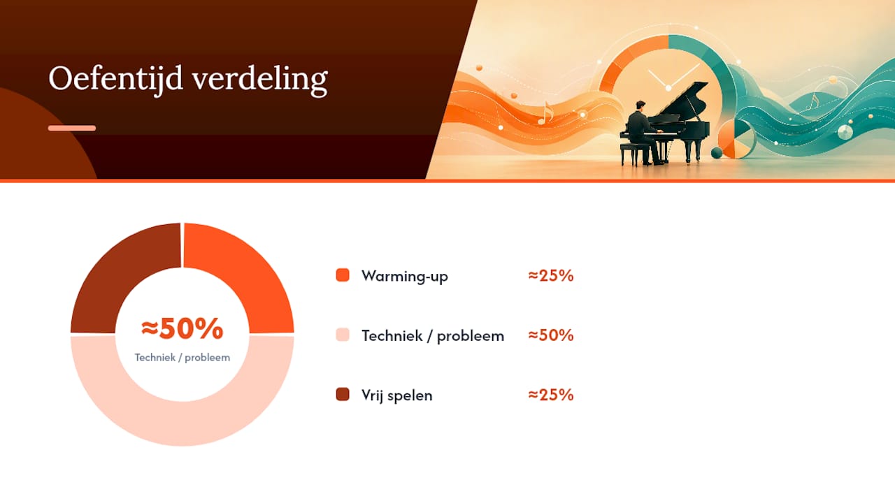 Verdeling van de oefentijd: een kwart warming-up, de helft techniek, een kwart vrij spelen