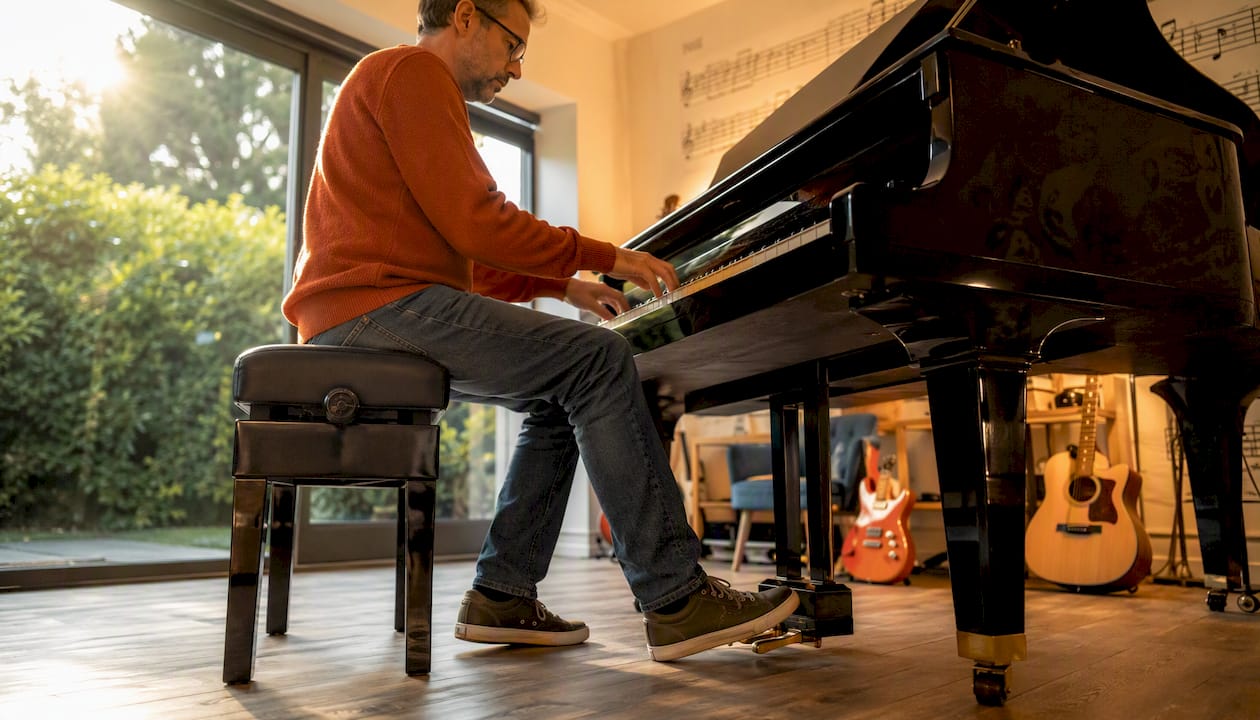 De pianist drukt met zijn voet het sustainpedaal in.