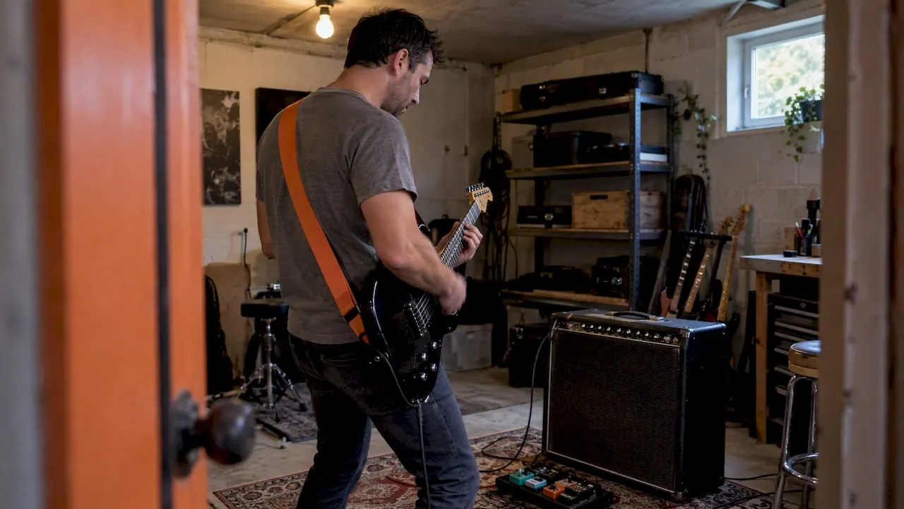 Gitarist speelt een power chord op een elektrische gitaar