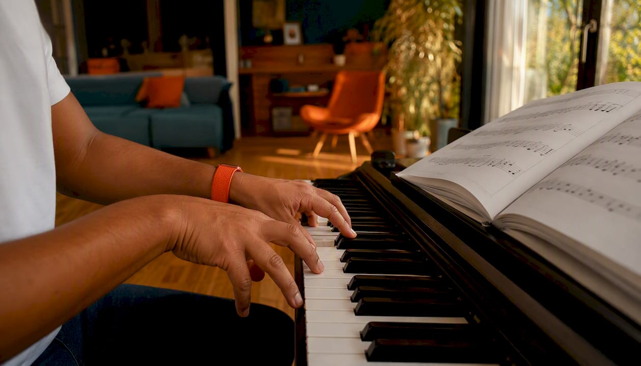 Close-up van handen die een intervallen-oefening op de piano spelen