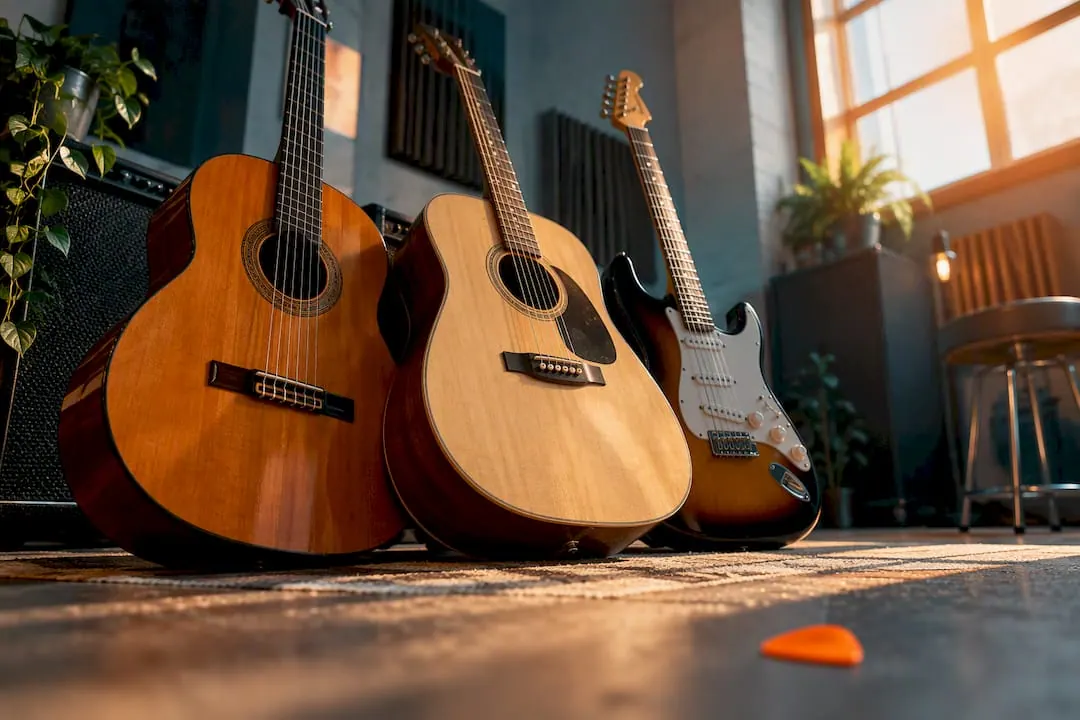 Een klassieke gitaar, een westerngitaar en een elektrische gitaar naast elkaar