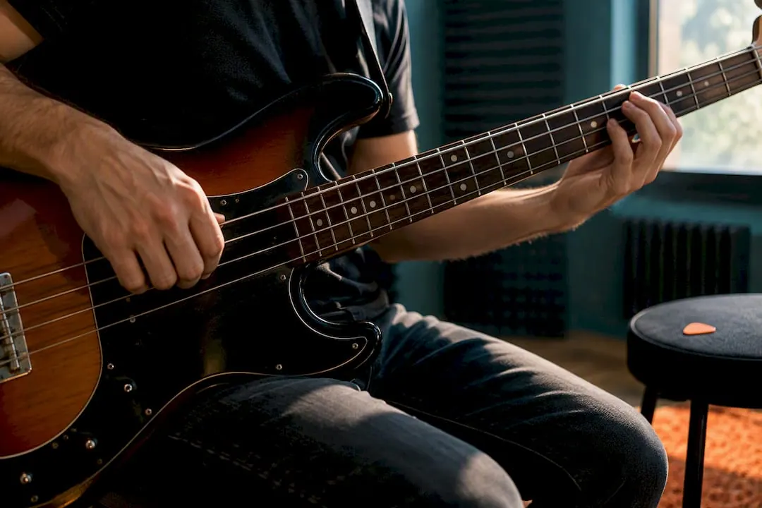 Handen die fingerstyle op een basgitaar spelen