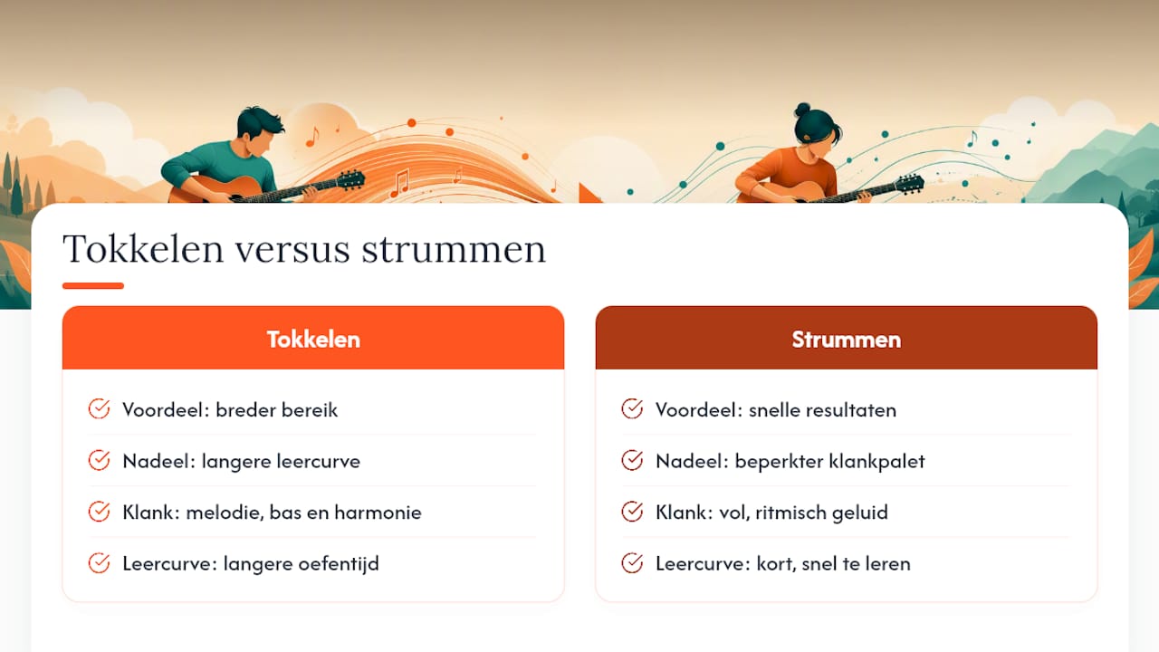 Schema met de voor- en nadelen van tokkelen versus strummen