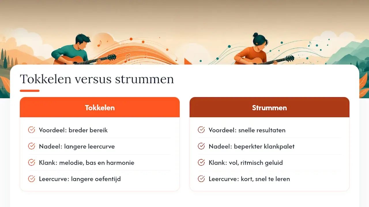 Schema met de voor- en nadelen van tokkelen versus strummen