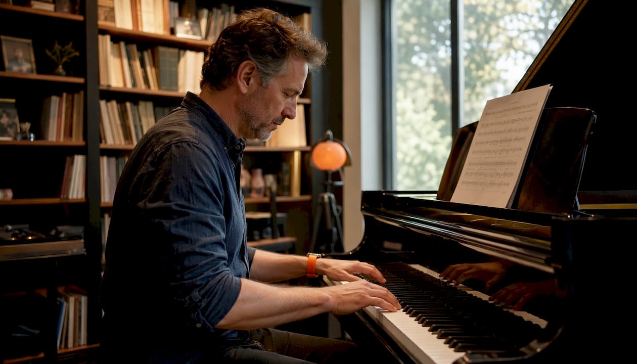 Handen spelen de C-majeur toonladder op de pianotoetsen.