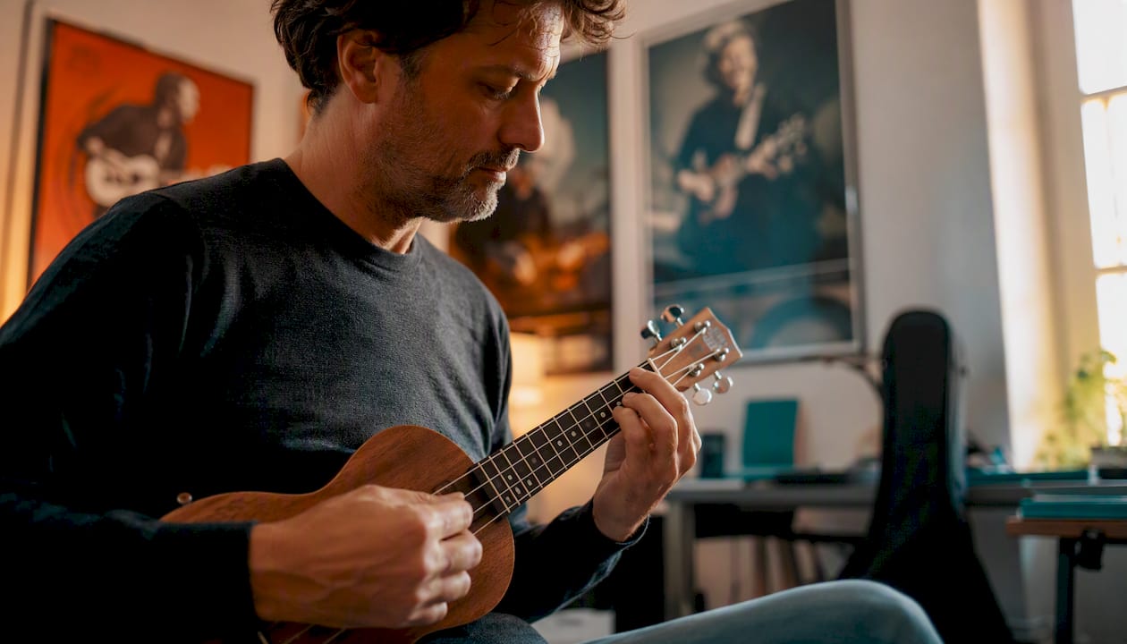 Een beginnende ukulelespeler oefent met het juist plaatsen van zijn vingers op de akkoorden.