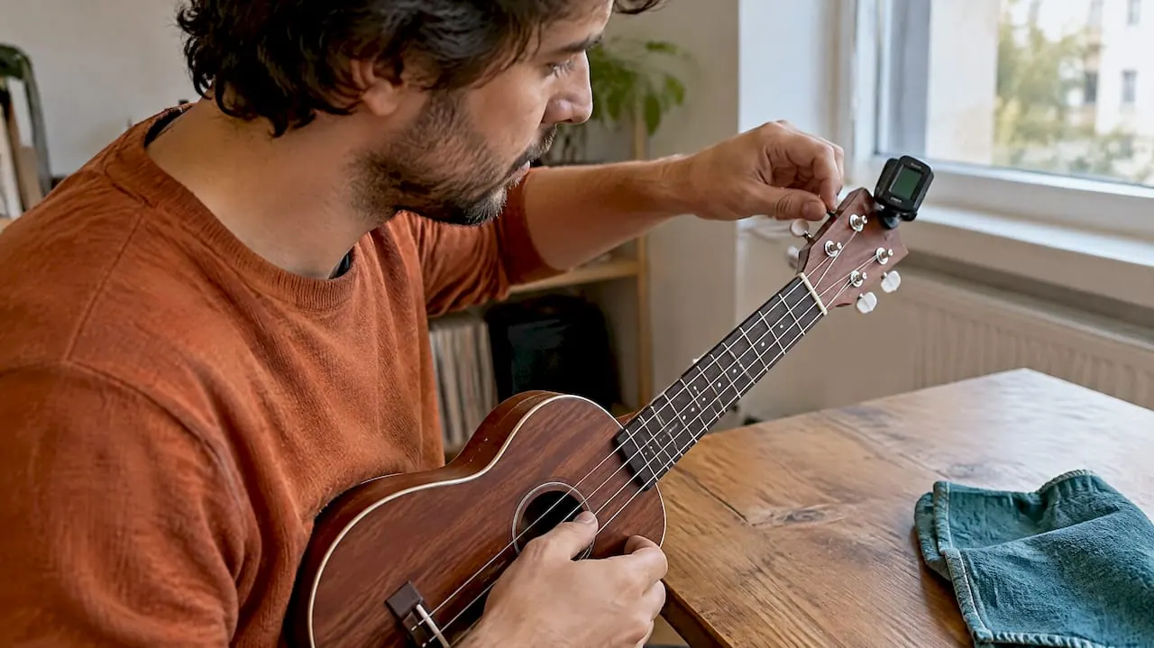 Een beginnende speler stemt een ukelele met een clip-on stemapparaat
